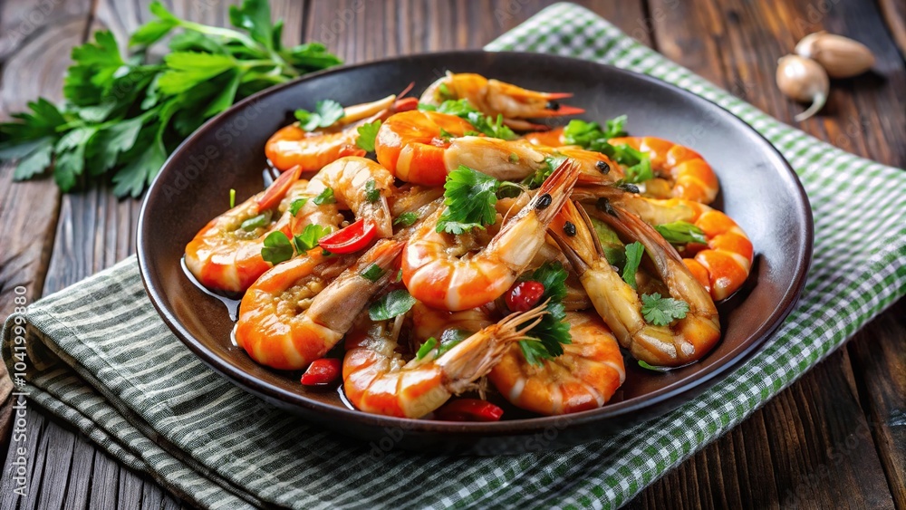 Stir fried shrimp with oyster sauce garnished with coriander leaves Stir fried shrimp with oyster sauce garnished with coriander leaves