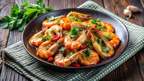 Stir fried shrimp with oyster sauce garnished with coriander leaves