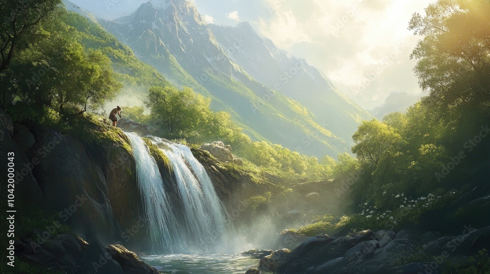 Fototapeta premium Majestic Waterfall Cascading Through Lush Green Mountains