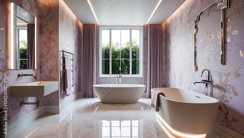 Trendy bathroom with colorful wallpaper and elegant modern touches