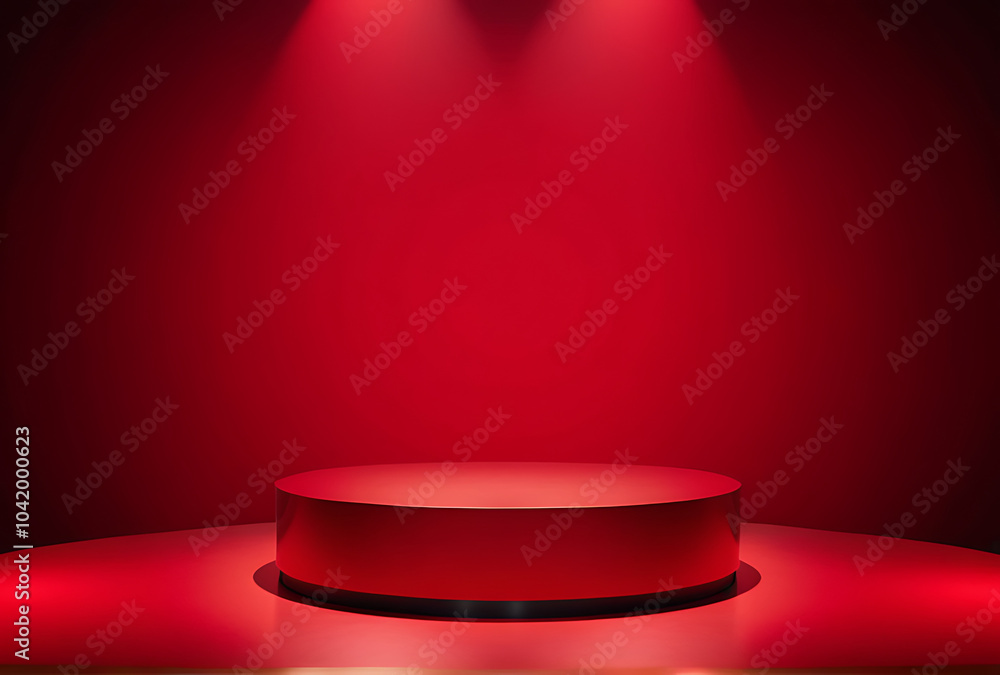 red background displays empty round podium amidst festive christmas decorations red background displays empty round podium amidst festive christmas decorations