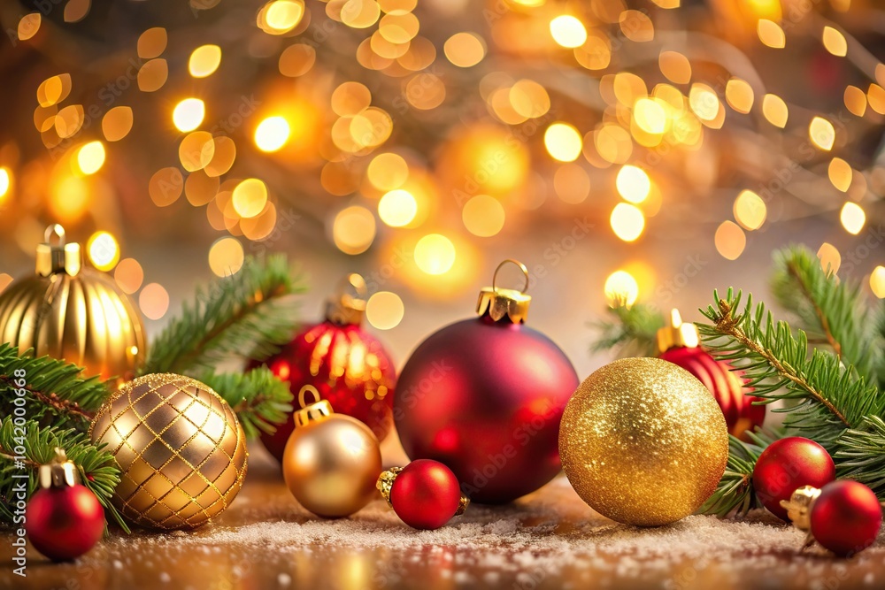 Depth of Field Christmas Decorations with Golden and Red Ornaments Festive Holiday Background Bokeh Lights Christmas Tree Depth of Field Christmas Decorations with Golden and Red Ornaments Festive Holiday Background Bokeh Lights Christmas Tree