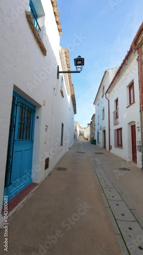 Vertical video of a fishing village on the Costa Brava blue doors