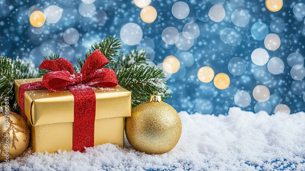 Festive Holiday Gift with Snowy Background and Ornaments Festive Holiday Gift with Snowy Background and Ornaments