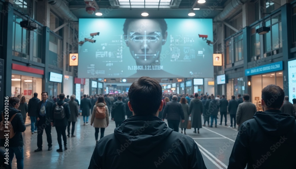 Person observing AI facial recognition technology display in crowded urban environment Person observing AI facial recognition technology display in crowded urban environment
