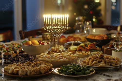 A Hanukkah table set with traditional foods and decorations, the menorah glowing softly in the background, warm, inviting lighting filling the room