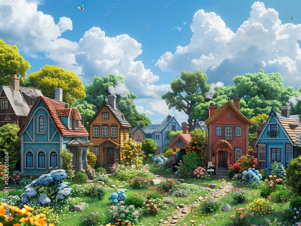 Charming Village with Colorful Houses and Lush Gardens Charming Village with Colorful Houses and Lush Gardens