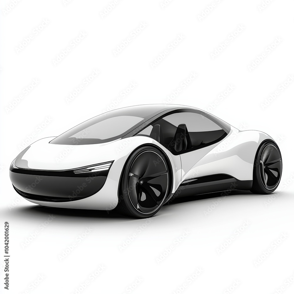 A sleek 3D rendering of a futuristic electric car, isolated against a clean white background, showcasing smooth curves and modern design elements A sleek 3D rendering of a futuristic electric car, isolated against a clean white background, showcasing smooth curves and modern design elements