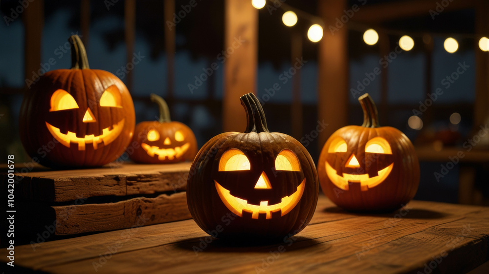 Fototapeta premium a group of halloween pumpkins sitting on top of a wooden table