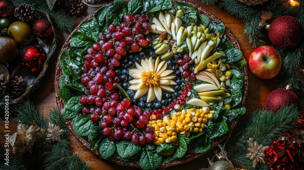 Fototapeta premium Colorful Fruit Arrangement on Leafy Platter