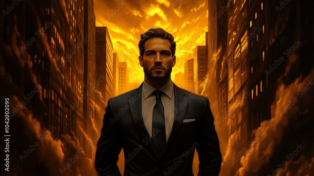 Confident Man in Suit Standing Against Fiery Urban Skyline at Sunset Confident Man in Suit Standing Against Fiery Urban Skyline at Sunset