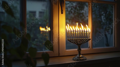 A peaceful night in a family home celebrating Hanukkah, menorah glowing on the windowsill, soft shadows cast by the flickering flames photo