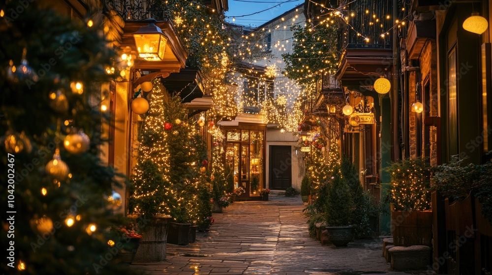Fototapeta premium Festive Alleyway Decorated with Christmas Lights