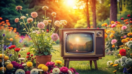 Retro TV Surrounded by Vibrant Blossoming Flowers - A Nostalgic Scene of Nature and Technology