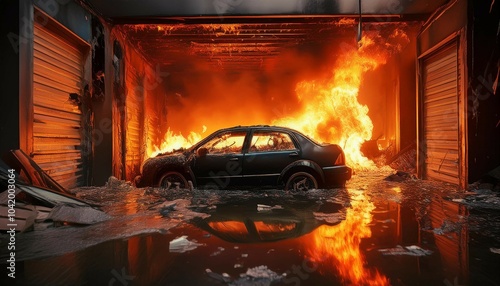 destructive garage fire scene with flames engulfing interior black car partially submerged in water amidst debris rubble open garage door chaos within window offers glimpse into unaffected part