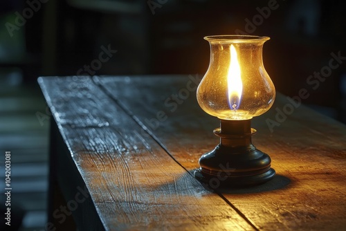 An oil lamp glows warmly, creating gentle shadows on a wooden table, with soft lighting that evokes a cozy, nostalgic atmosphere.