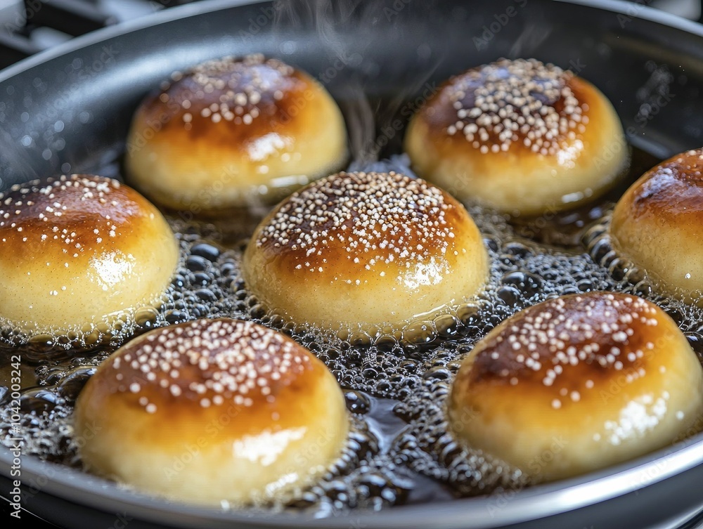 A close-up of sufganiyot frying in a pan, perfectly golden and sizzling, with bubbles emerging from the oil, showcasing the dough's texture, on a kitchen stove. A close-up of sufganiyot frying in a pan, perfectly golden and sizzling, with bubbles emerging from the oil, showcasing the dough's texture, on a kitchen stove.