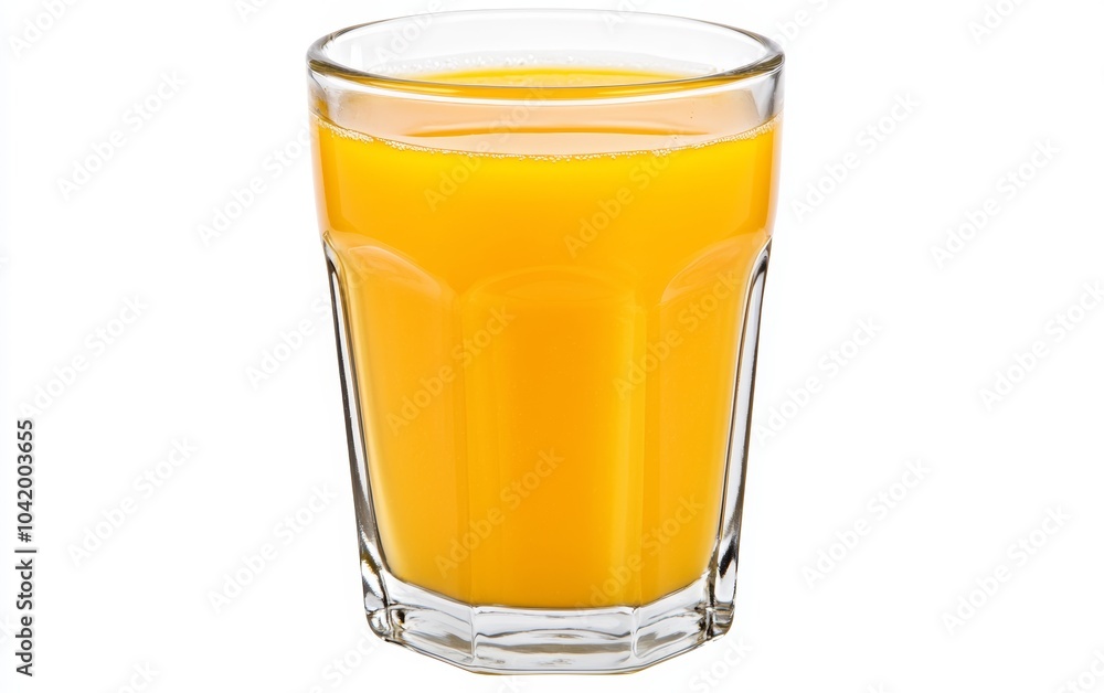 A clear glass of orange juice, isolated on white, bright and fresh, with condensation forming A clear glass of orange juice, isolated on white, bright and fresh, with condensation forming