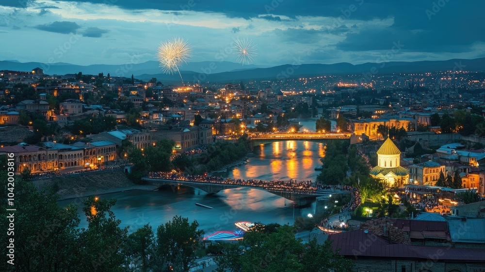 Fototapeta premium Vibrant Cityscape at Night with Fireworks Display