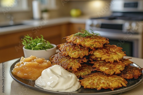 Latkes piled high on a plate, each one crispy and golden, served with traditional sides of sour cream and applesauce, kitchen island in the background photo