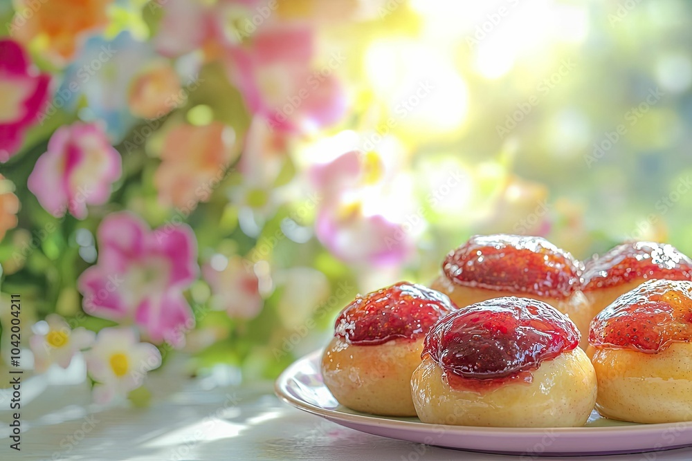 Sufganiyot filled with strawberry jam placed in an artistic arrangement on a pastel-colored plate, soft focus with a background of blurred flowers, bright daylight illuminating the scene Sufganiyot filled with strawberry jam placed in an artistic arrangement on a pastel-colored plate, soft focus with a background of blurred flowers, bright daylight illuminating the scene