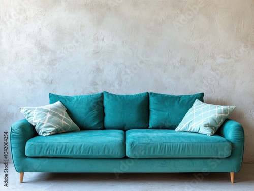 Wallpaper Mural Vibrant Teal Sofa with Pillows Against Wall Backdrop Torontodigital.ca