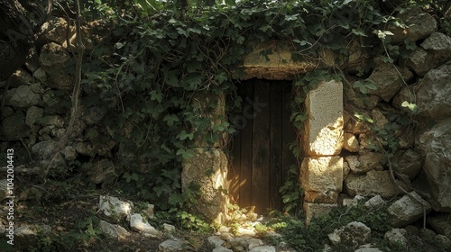 The entrance to a hidden Maccabean temple, shrouded in dense vines and weathered stones, with beams of light filtering through the leaves. photo