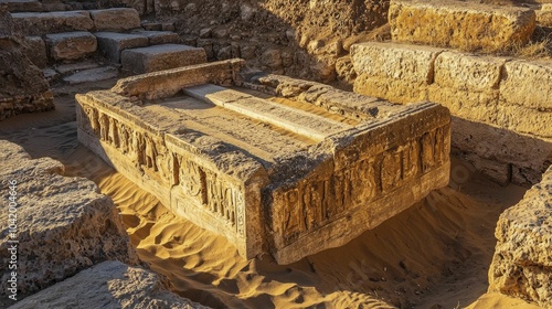 The remnants of a Maccabean altar, half-hidden in the sands of a forgotten city, sunlight illuminating the intricate carvings and their surroundings. photo