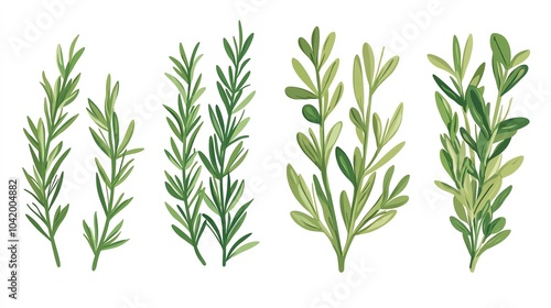 Various green herb stems on a white isolated background.