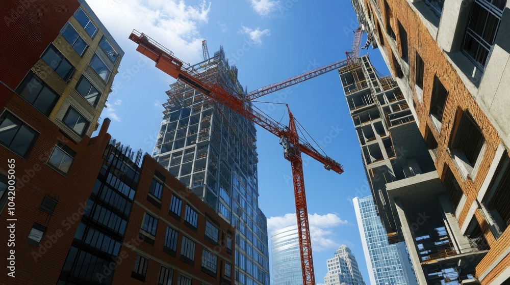 Fototapeta premium Urban Construction Scene with Cranes and High Rises