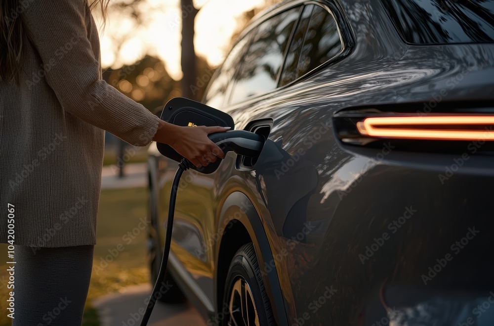 woman recharging battery for electric car during autumnal road trip travel EV car in autumnal forest. Eco friendly travel on vacation during autumn with electric vehicle. woman recharging battery for electric car during autumnal road trip travel EV car in autumnal forest. Eco friendly travel on vacation during autumn with electric vehicle.