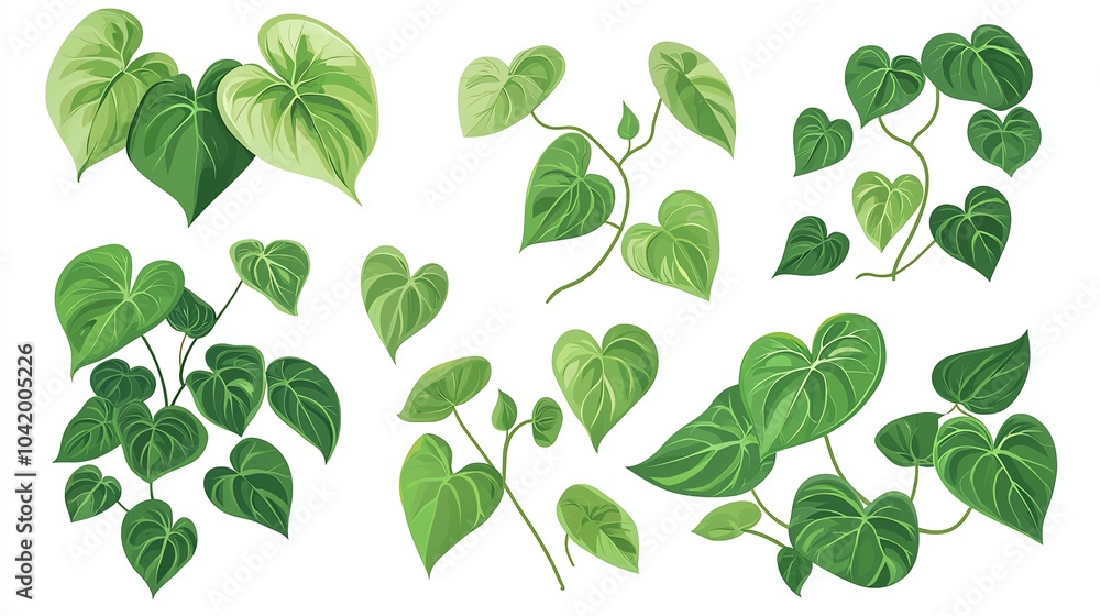 Variety of heart-shaped leaves in various shades of green, white isolated background. Variety of heart-shaped leaves in various shades of green, white isolated background.