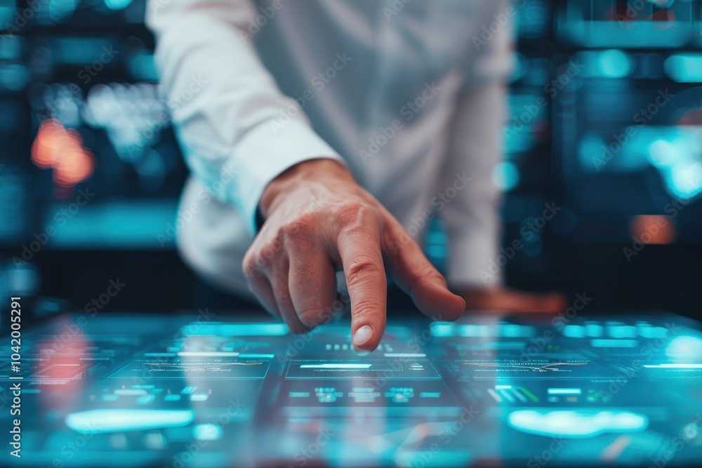 Person interacting with a futuristic digital touchscreen interface, showcasing technology and innovation in a modern workspace environment. Person interacting with a futuristic digital touchscreen interface, showcasing technology and innovation in a modern workspace environment.