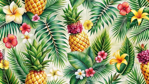 Depth of field image featuring palm leaves, pineapples, and exotic flowers