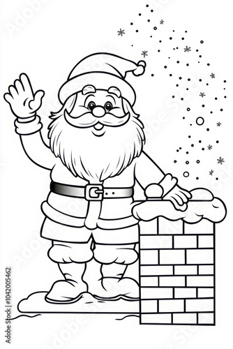 Santa Claus waving beside a snowy chimney, dressed in his traditional outfit, with snowflakes falling in a festive holiday scene. Copy space photo