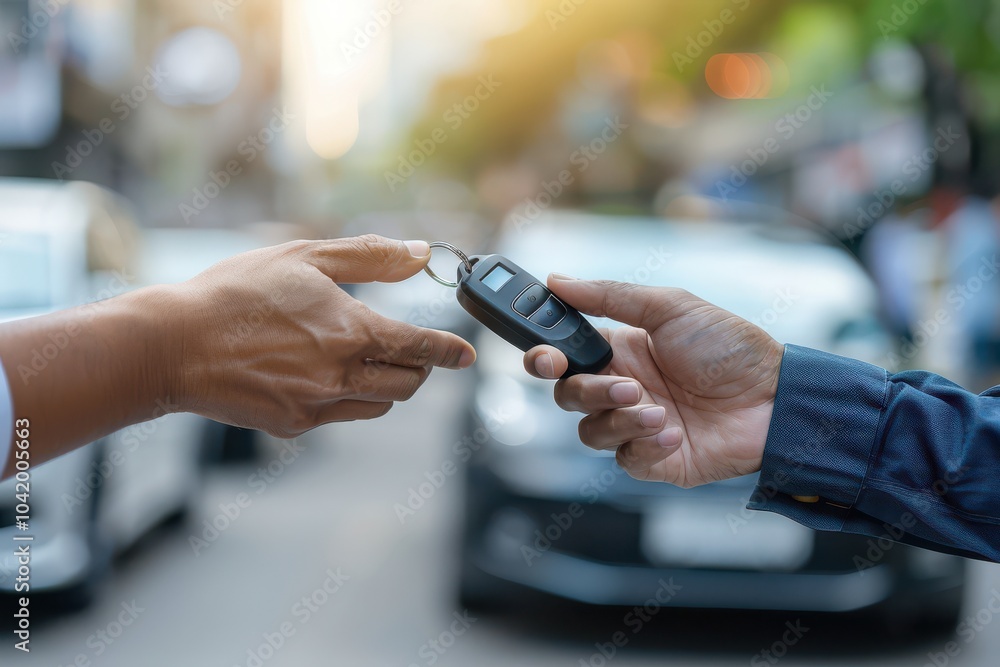 Close-up of hands exchanging car keys, symbolizing automotive business, car rental, or transportation services.