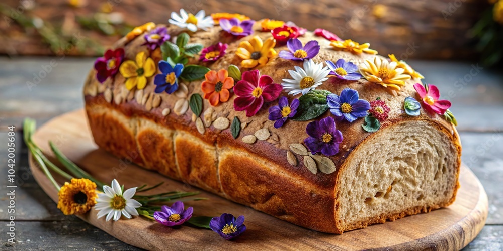 Depth of field image of artistic sourdough bread loaf decorated with edible flowers Depth of field image of artistic sourdough bread loaf decorated with edible flowers