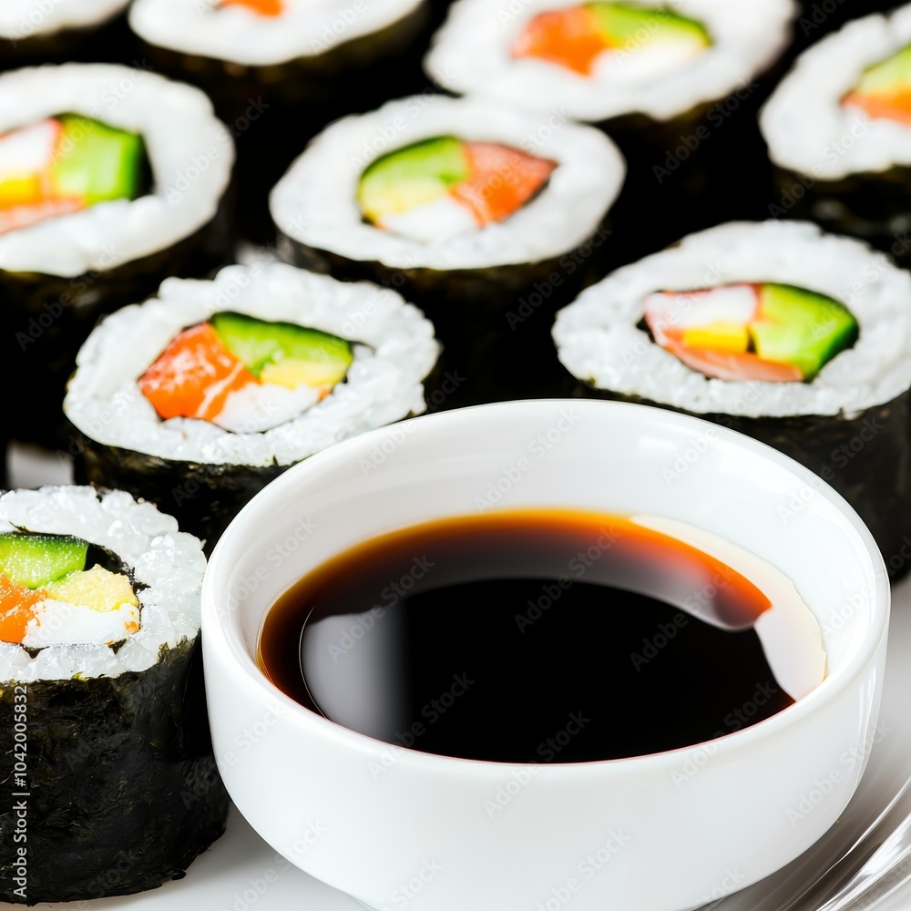 A plate of sushi with soy sauce dip, isolated on white, the rolls neatly arranged A plate of sushi with soy sauce dip, isolated on white, the rolls neatly arranged