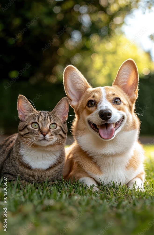 Fototapeta premium A joyous corgi and an adorable tabby cat sit side by side on lush green grass, embodying a perfect moment of friendship and happiness in nature.