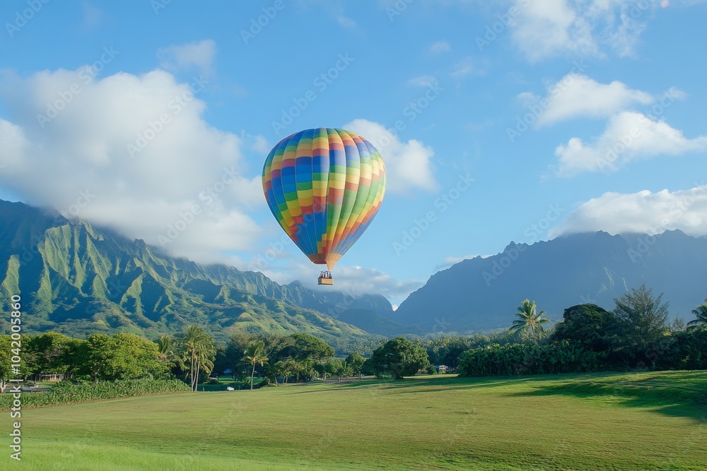 Naklejka premium Hot Air Balloon Soaring Over Lush Green Mountains