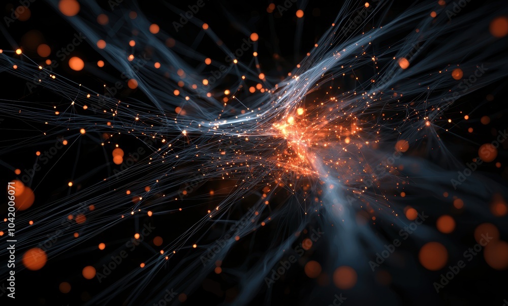 Fototapeta premium Experience a dynamic visualization of a complex network with vibrant connections and particles, illustrating energy and flow in a futuristic digital space.