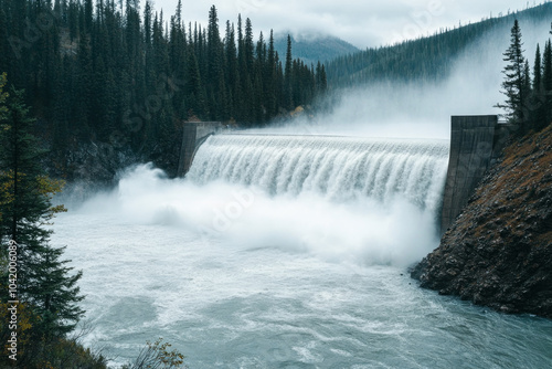Scenic hydro dam with cascading waterfall in lush forest landscape