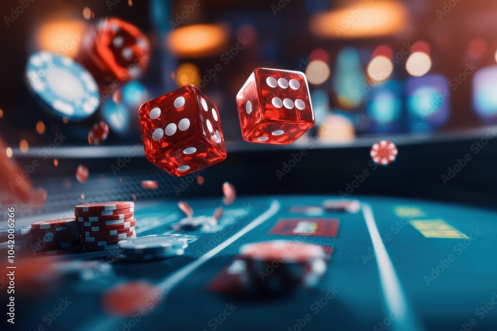 Red dice soar mid-air over a craps table, surrounded by scattered chips in a lively night-time casino atmosphere. Generative AI Red dice soar mid-air over a craps table, surrounded by scattered chips in a lively night-time casino atmosphere. Generative AI