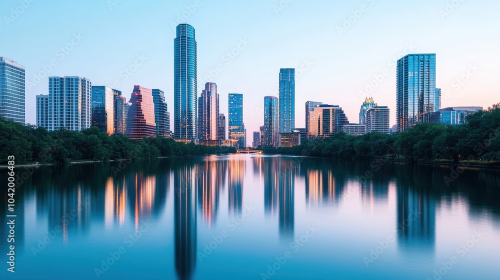 Fototapeta premium Dusk City Skyline Reflection on Water