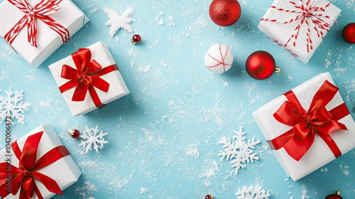 Festive Christmas Gifts and Ornaments on Blue Background