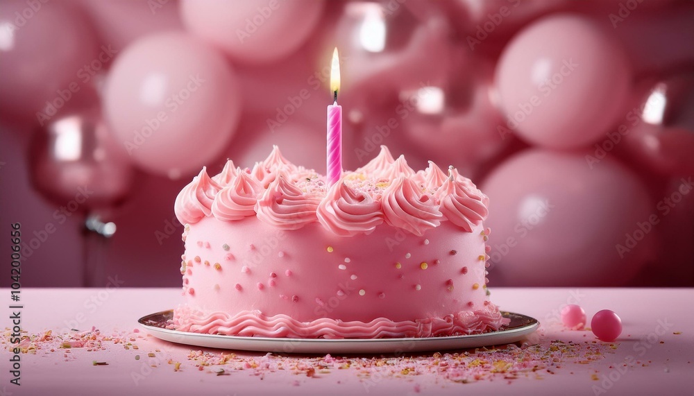 Pink frosted birthday cake with a lit candle, perfect for festive birthday invitations, party decorations, or bakery advertising white background Pink frosted birthday cake with a lit candle, perfect for festive birthday invitations, party decorations, or bakery advertising white background