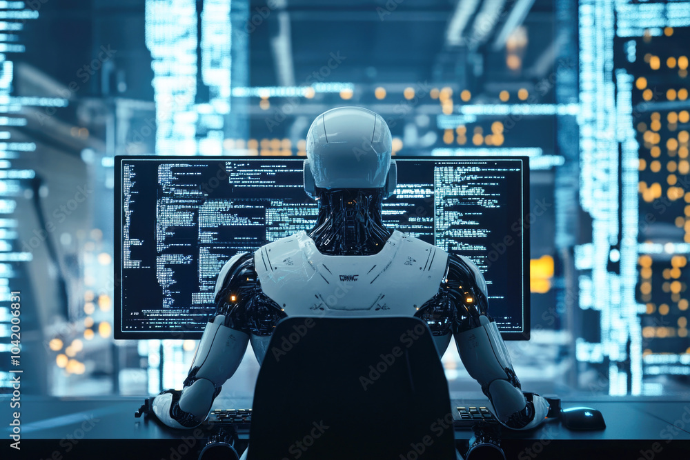 Futuristic robot programmer analyzing code in high-tech data center environment Futuristic robot programmer analyzing code in high-tech data center environment