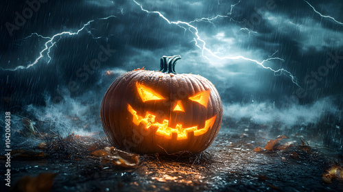 Scary haloween pumpkin in a storm on the beach