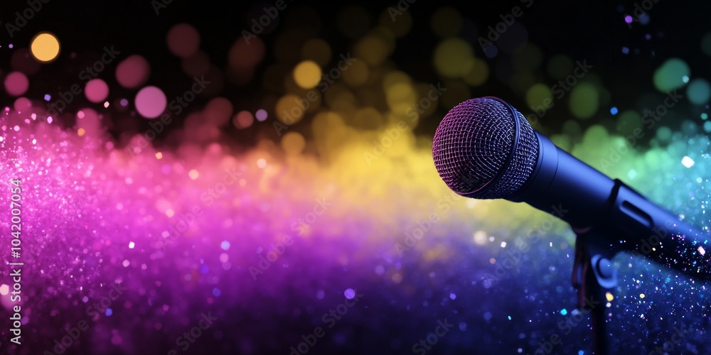 Obraz premium Vibrant microphone surrounded by colorful soundwaves creates an electrifying concert atmosphere at night