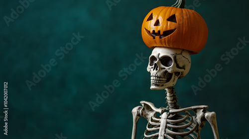 Skeleton with haloween pumpkin on his head